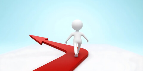 A white 3D cartoon man walking on three arrows, symbolizing the direction of life. High-definition and detailed representation of choices, decisions, and paths in life, using masterful composition 