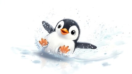 Fototapeta premium a 2D cartoon illustration of a cute penguin sliding on ice, winter vibes, white background--ar 16:9