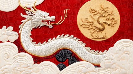 Fototapeta premium Majestic White Dragon on Red Background with Golden Moon and Clouds