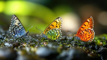 Obraz premium Three distinct butterflies display vibrant colors while resting on a rocky surface in a verdant setting under bright daylight