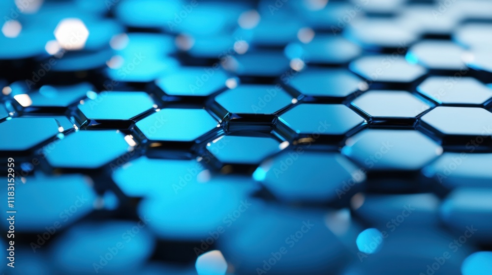Poster shimmering blue metallic discs form a hexagonal pattern with reflections, creating a visually striki