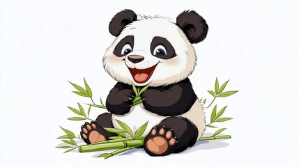 Obraz premium a 2D cartoon illustration of a happy panda sitting with bamboo, cute and playful, white background--ar 16:9