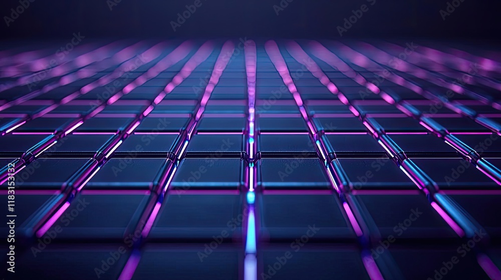 Poster matrix abstract background idea. a futuristic perspective of glowing grid tiles in vibrant purple an
