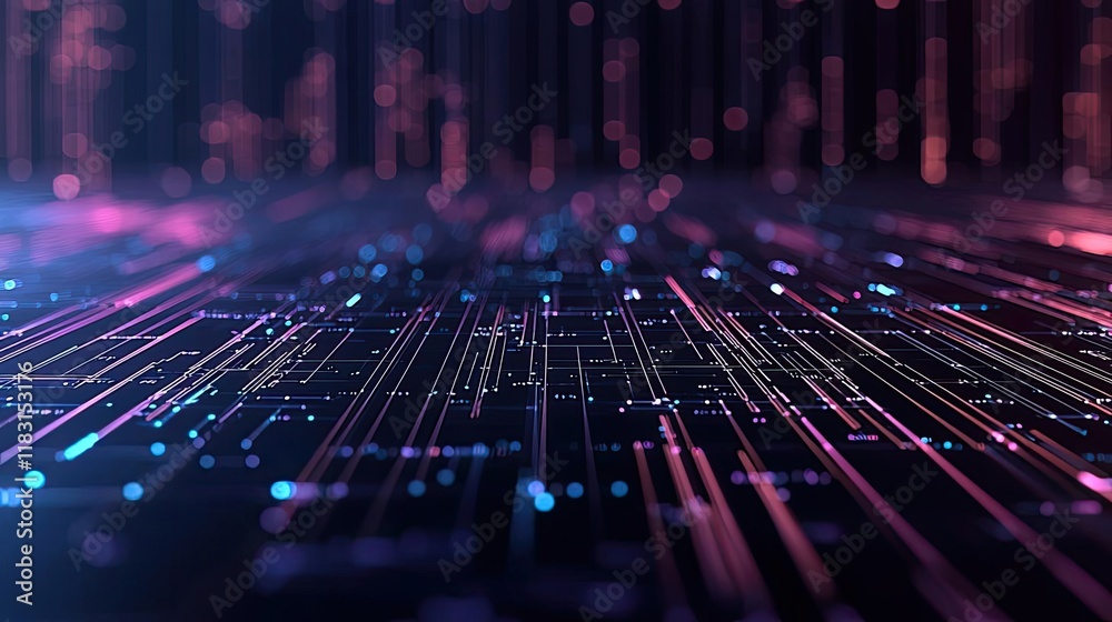 Poster Matrix abstract background idea. A vibrant digital landscape with glowing lines and patterns representing data flow.