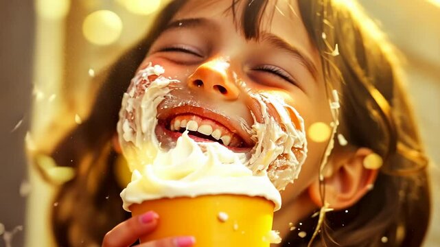 A young Caucasian girl laughs outdoors, her face joyously smeared with whipped cream. Captured in sunlight, this image exudes fun and innocence typical of a playful childhood moment.