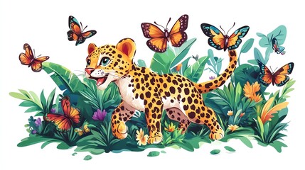 Obraz premium a 2D cartoon illustration of a playful leopard chasing butterflies, jungle theme, white background--ar 16:9