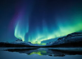 Fototapete Aurora Borealis Multicolored green vibrant , Aurora Polaris Night starry sky and Northern lights. Green aurora borealis Lights in the night sky over Norway © Choyan