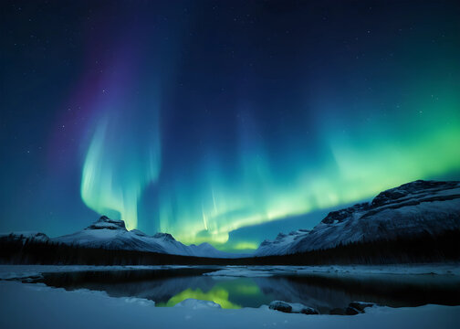 Aurora Borealis Multicolored green vibrant , Aurora Polaris Night starry sky and Northern lights. Green aurora borealis Lights in the night sky over Norway