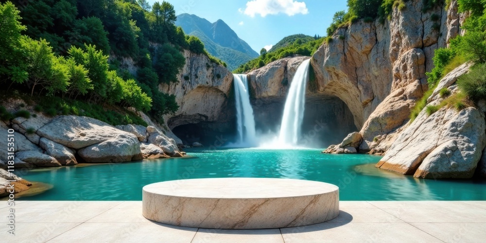 Poster serene waterfall cove with a circular stone platform
