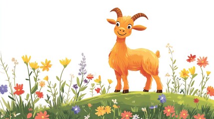 a 2D cartoon illustration of a happy goat standing on a hill, surrounded by flowers, white background--ar 16:9