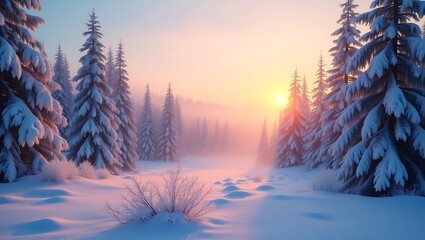 wintery scene of snow covered trees is displayed at sunset, casting a pink hue