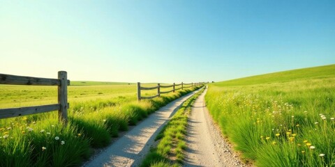Fototapeta premium Serene Country Lane with Wooden Fence and Wildflowers