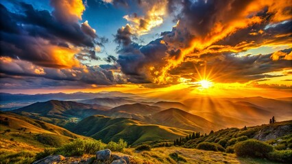 Fototapeta premium Majestic Macedonian Sunset: Golden Clouds Embrace Mountain Peaks
