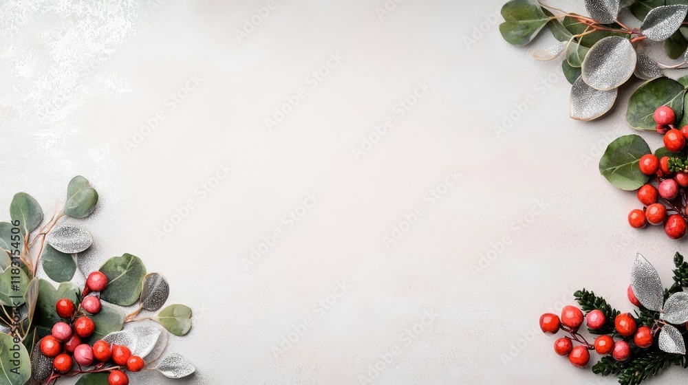 Aufkleber watercolor abstract background concept. fresh greenery and red berries create a festive border on a 