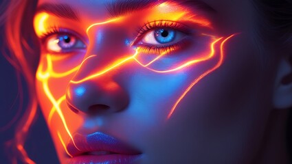 lose-up of a woman's face with orange light patterns on it