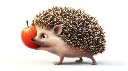 a 2D cartoon illustration of a tiny hedgehog carrying an apple on its back, cute and funny, white background--ar 16:9