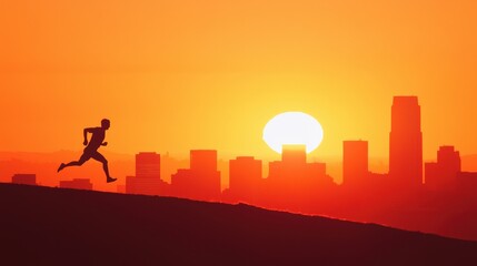 Naklejka premium A runner is running on a hill with a city in the background