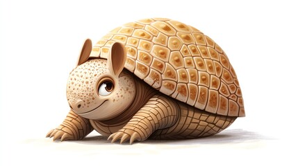 Fototapeta premium a 2D cartoon illustration of a curious armadillo rolling into a ball, desert theme, white background--ar 16:9