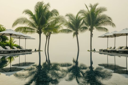 Tropical resort pool, misty morning, palm trees reflecting, vacation