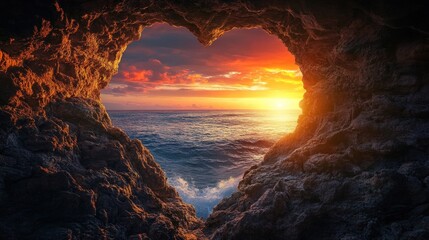 A heart-shaped cave opening framing a breathtaking view of the ocean, with the warm glow of a sunset illuminating the scene, creating a romantic and serene atmosphere