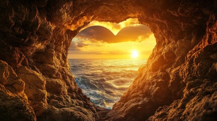 A heart-shaped cave opening framing a breathtaking view of the ocean, with the warm glow of a sunset illuminating the scene, creating a romantic and serene atmosphere