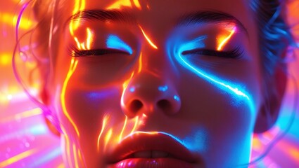 close-up of a person's face is bathed in vibrant, abstract light