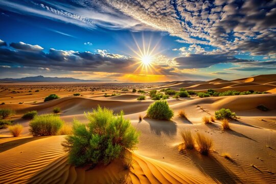 Majestic Mauritanian Desert Plateau: Dunes, Shrubs, and Dramatic Sky