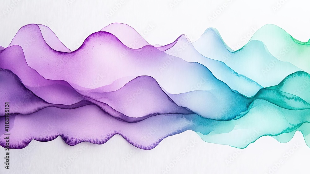 Poster Watercolor abstract background concept. An abstract wave design in purple and teal colors creating a calming aesthetic.