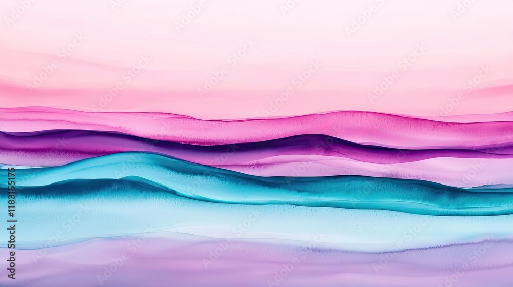 Poster Watercolor abstract background concept. A serene abstract landscape with soft waves in pastel colors creating a peaceful atmosphere.