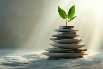 Obraz premium Stacked stones with a green sprout on top symbolizing balance and growth