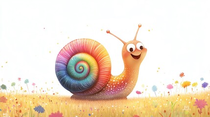 a 2D cartoon illustration of a happy snail with a colorful shell, garden theme, white background--ar 16:9