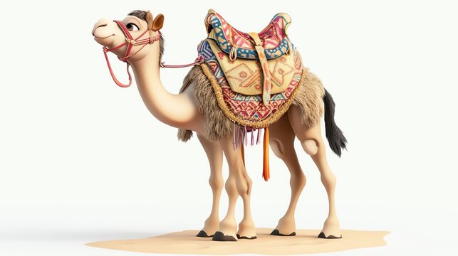 a 2D cartoon illustration of a baby camel with a colorful saddle, desert scene, white background--ar 16:9