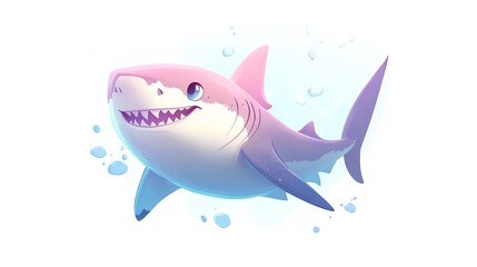 Obraz premium a 2D cartoon illustration of a swimming shark with a friendly smile, underwater scene, white background--ar 16:9