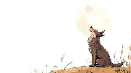 a 2D cartoon illustration of a sly coyote howling at the moon, desert background, white background--ar 16:9