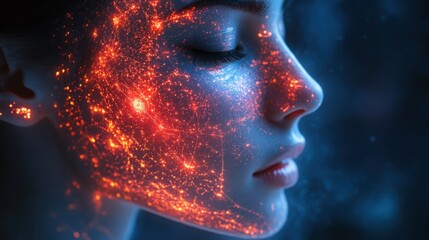 Glowing face portrait abstract light sparks.