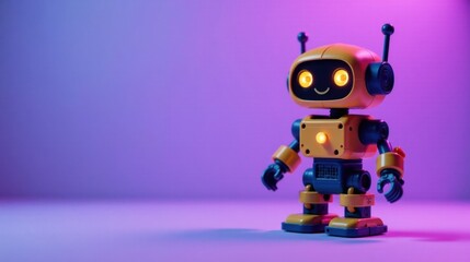 Friendly Yellow Robot in Neon Lighting Posing for Photo