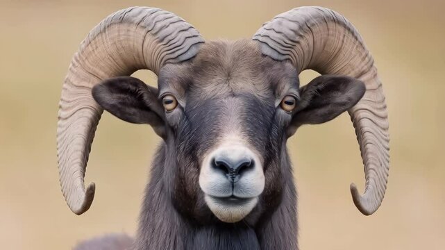 Portrait of a majestic ram with large curved horns