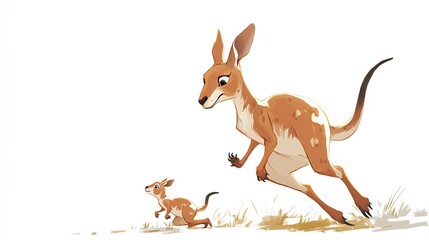 a 2D cartoon illustration of a jumping kangaroo with a baby joey, energetic and cute, white background--ar 16:9