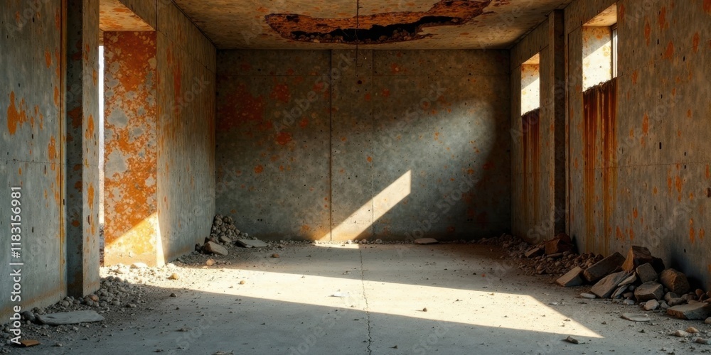 Poster Sunlit Derelict Structure Interior View of a Ruined Building with Rust and Debris