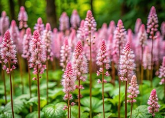 Obraz premium Pink Foamflower blooms explode in vibrant aerial detail, a stunning close-up captured by drone.