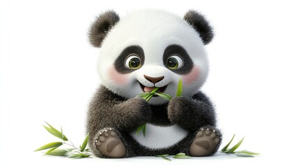 Obraz premium a 2D cartoon illustration of a baby panda eating bamboo, cute and fluffy, white background--ar 16:9