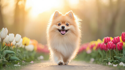 Obraz premium fluffy Pomeranian dog walking along path surrounded by colorful tulips, radiating joy and warmth in sunlight. This scene captures essence of happiness and nature beauty