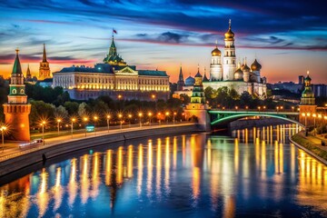 Fototapeta premium Majestic Moscow Kremlin Night View & Moskva River - Panoramic Cityscape