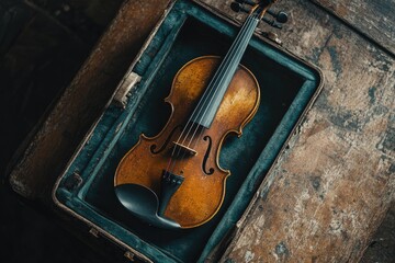Fototapeta premium Antique violin rests in a worn case. Image ideal for music, nostalgia, or vintage themes.