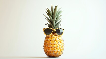 a 2D cartoon illustration of a happy pineapple with sunglasses, tropical vibes, white background--ar 16:9