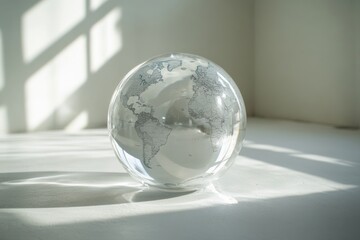 Transparent glass globe placed on a clean white surface indoors