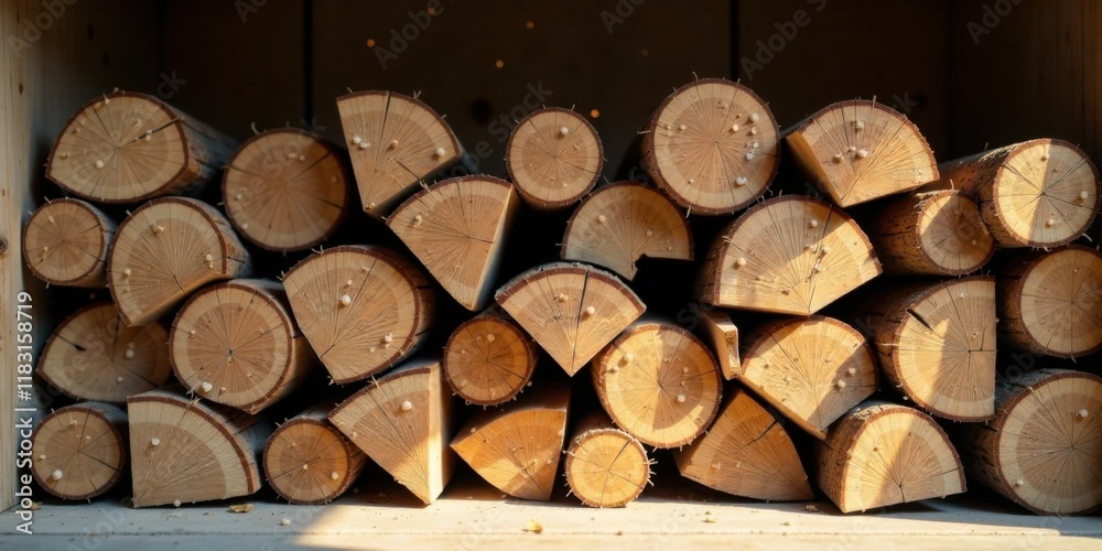 Aufkleber stack of neatly arranged wooden logs in a storage space
