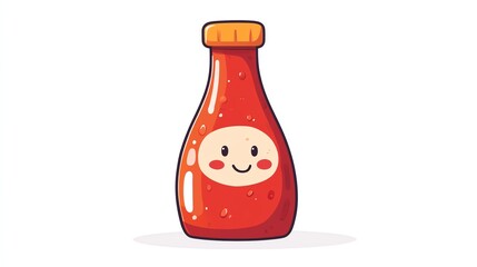 a 2D cartoon illustration of a bottle of ketchup with a happy face, fun and cute, white background--ar 16:9