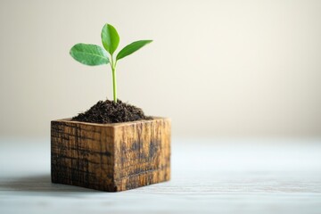 Small green plant growing in a rustic wooden cube pot