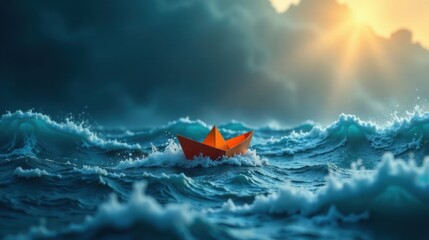 Fototapeta premium A Tiny Paper Boat Bravely Navigates Turbulent Waters Towards a Bright Horizon